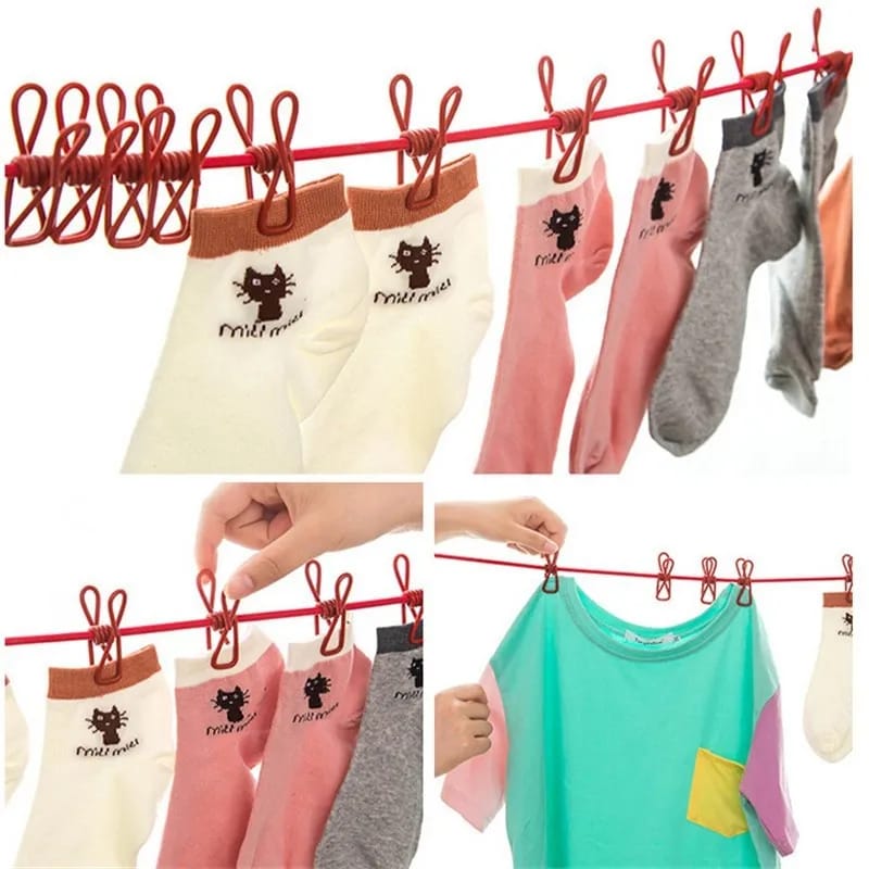 12 Clips Portable Clothesline Rope – Elastic Windproof Travel Drying Line with Hooks