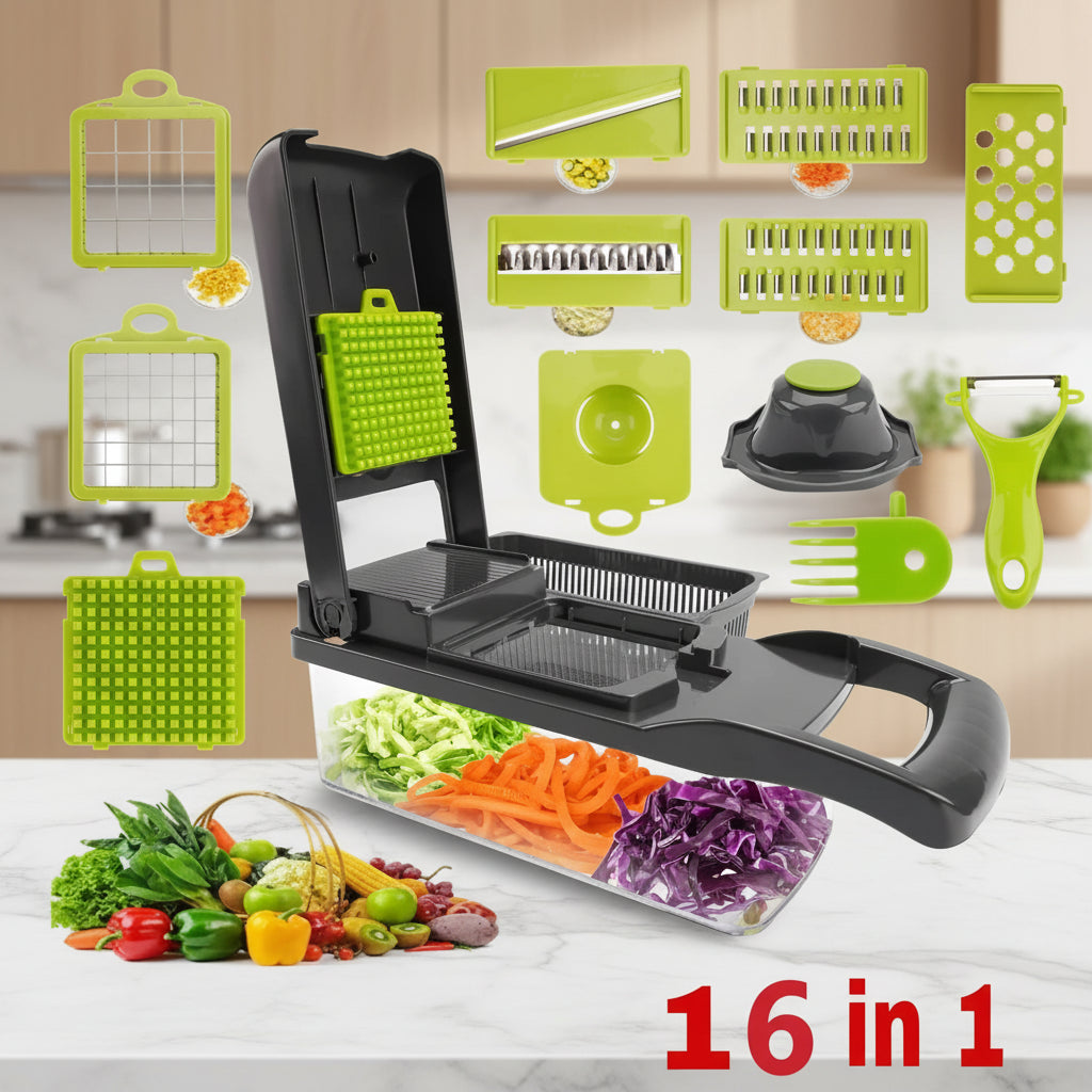 16-in-1 kitchen tool set with various attachments on a white background
