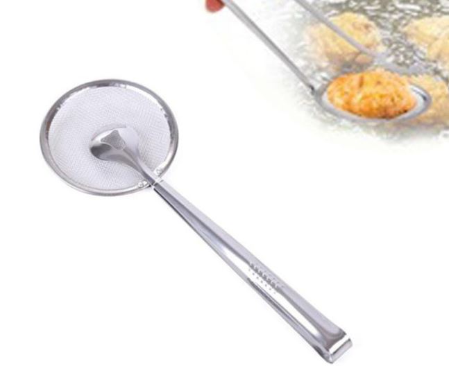 Durable kitchen frying tool with clip and filter spoon for everyday cooking
