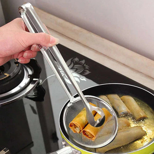 2 in 1 frying tong with strainer used for deep frying snacks in Pakistan kitchen