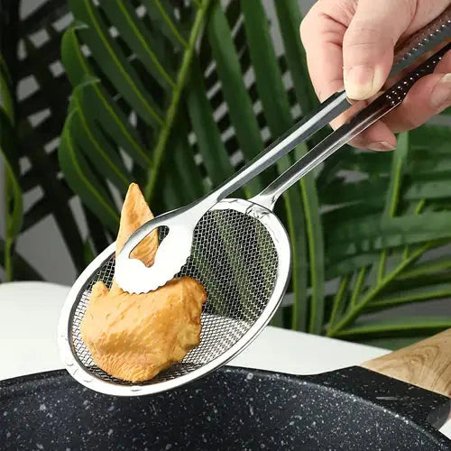 Stainless steel frying tong with mesh filter for removing oil from fried food