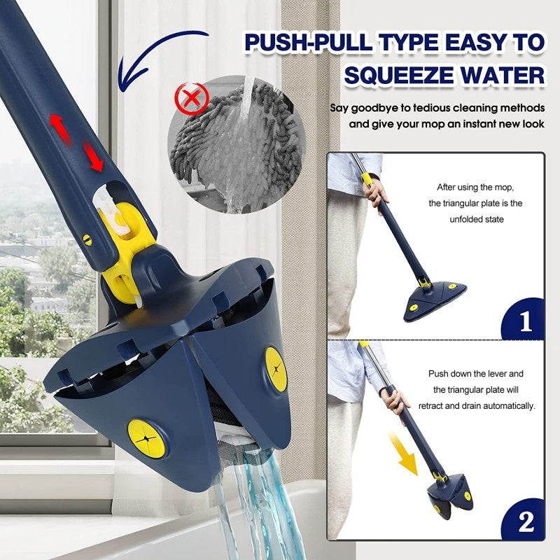 Triangle spin mop reaching tight corners and under furniture for deep cleaning
