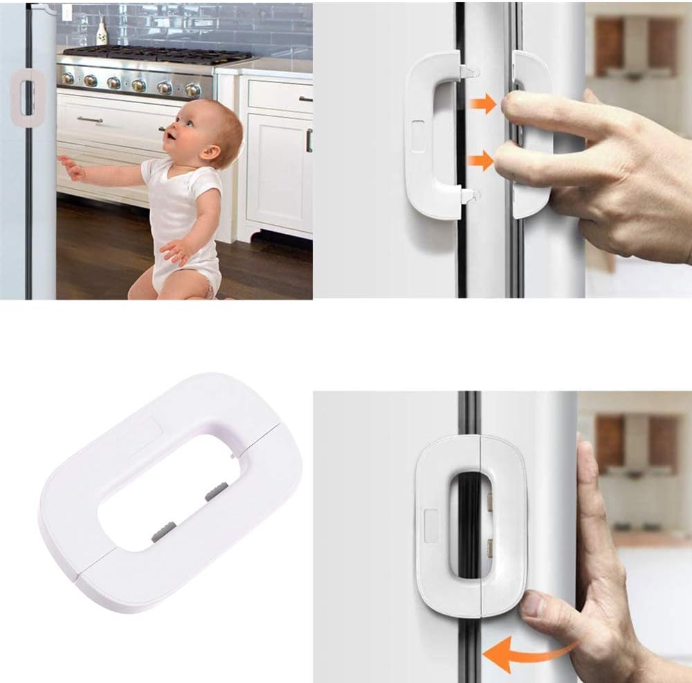 Baby proof fridge lock with strong adhesive and double safety button design
