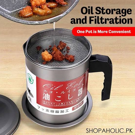 Carbon steel oil container with filter for storing and reusing cooking oil at home