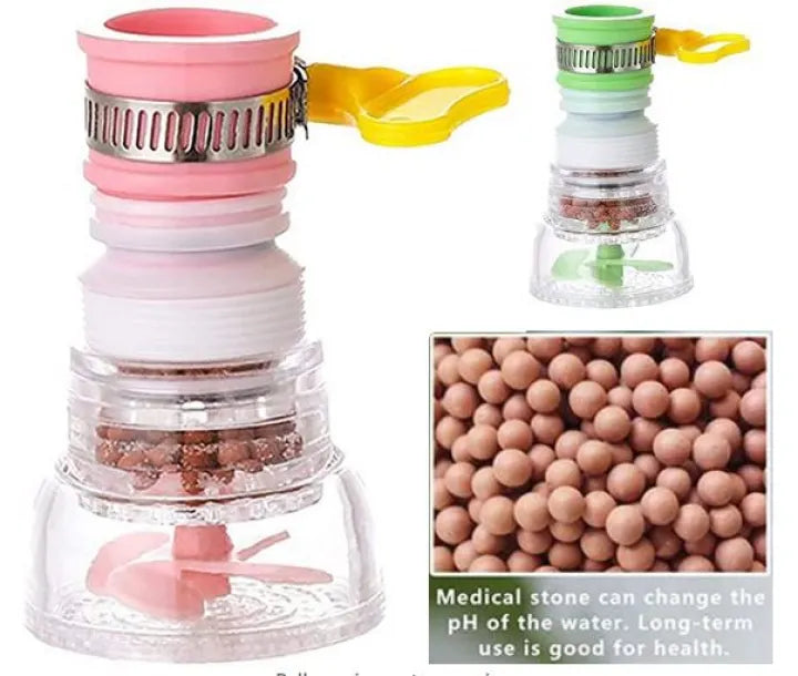 Water filter with pink top and clear body, inset showing water beads and text about health benefits.