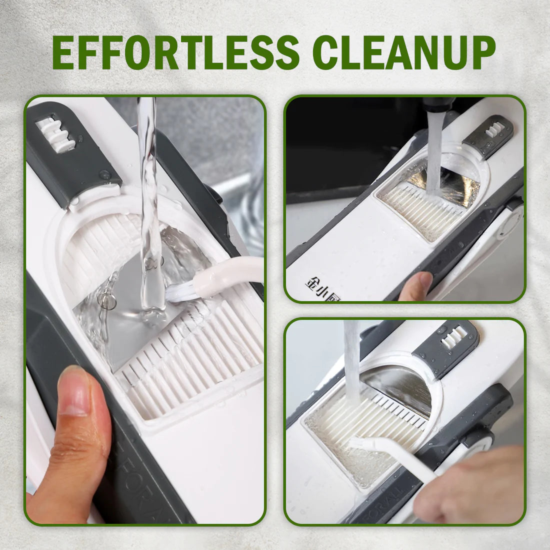Easy to clean mandoline vegetable cutter being washed under running water