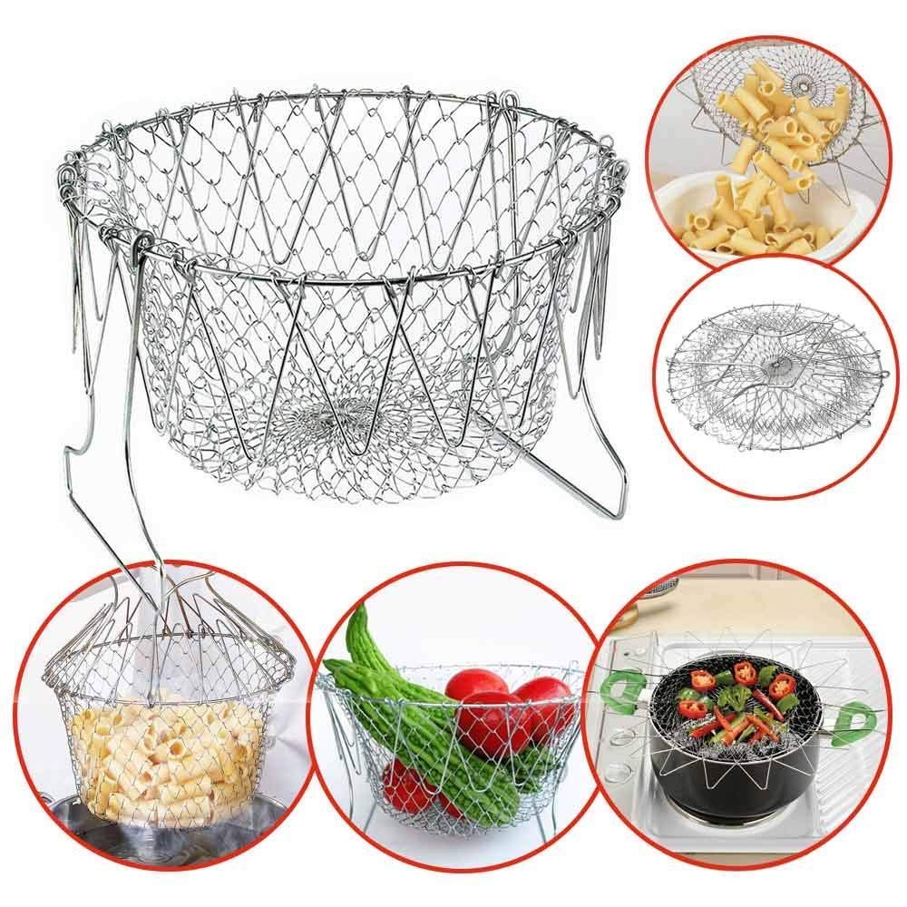Multi functional kitchen basket for frying snacks and straining pasta easily at home