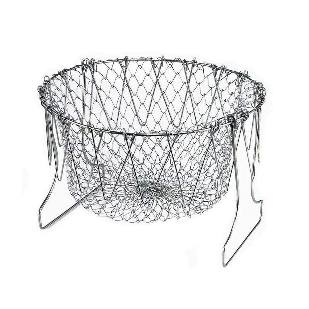Stainless Steel Multi-Functional Fold-able Frying Basket For Fries – Mesh Steam, Rinse, Strain & Fry Basket