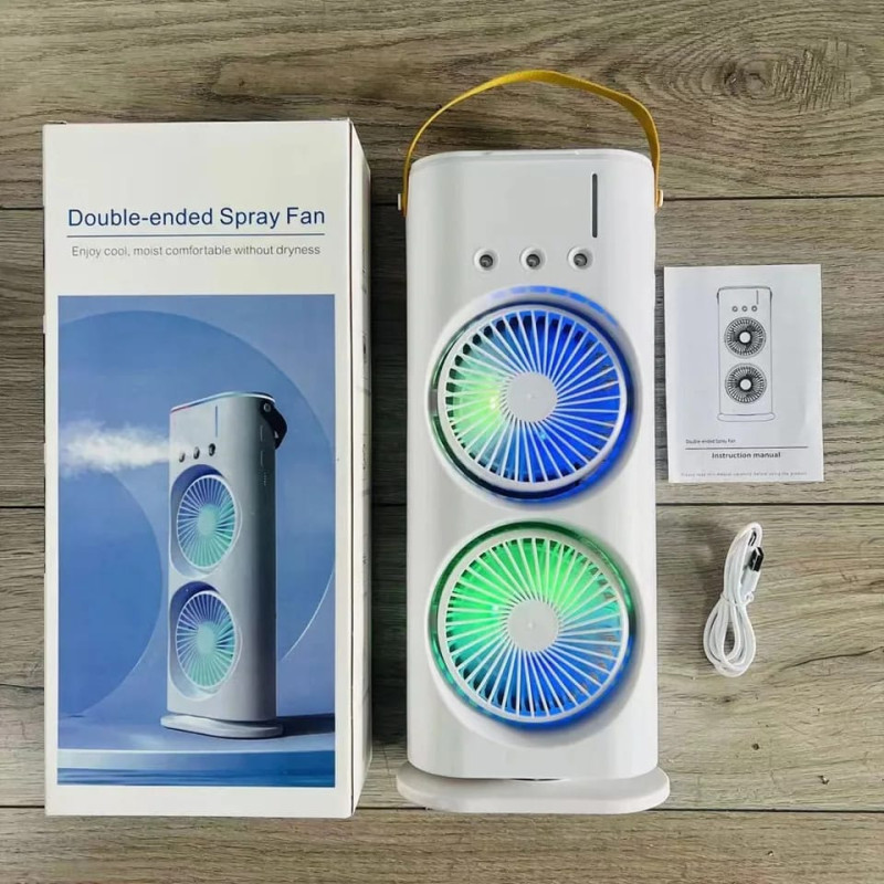 Hands free portable fan with dual adjustable heads and spray cooling function