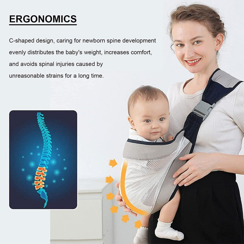 Adjustable baby wrap carrier holding infant safely and comfortably