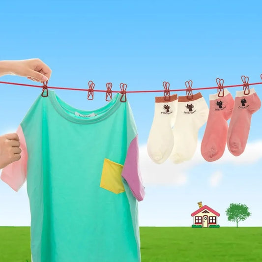Portable clothesline rope with clips for drying clothes at home in Pakistan