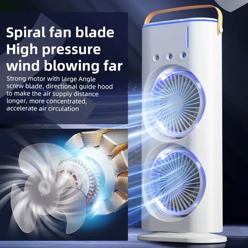 Portable double head mist fan with water spray for cooling in hot weather Pakistan