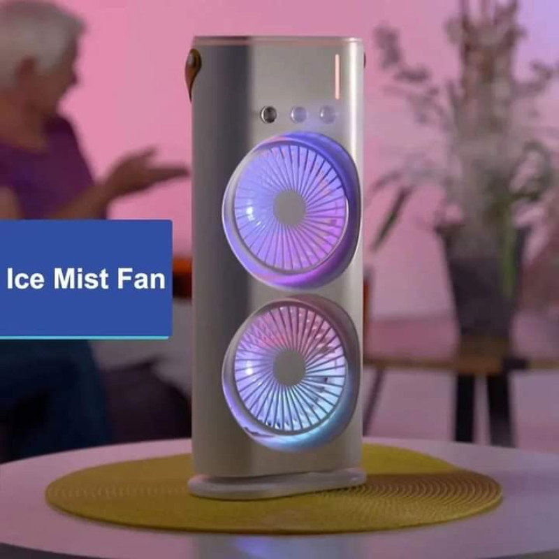 USB rechargeable cooling fan with dual heads and mist spray for home and office use