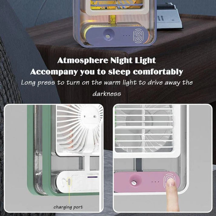 Portable fan with night light feature on a table, showing charging port and button.