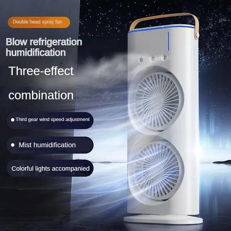 Mini air cooler fan with water mist feature for summer heat in Pakistan