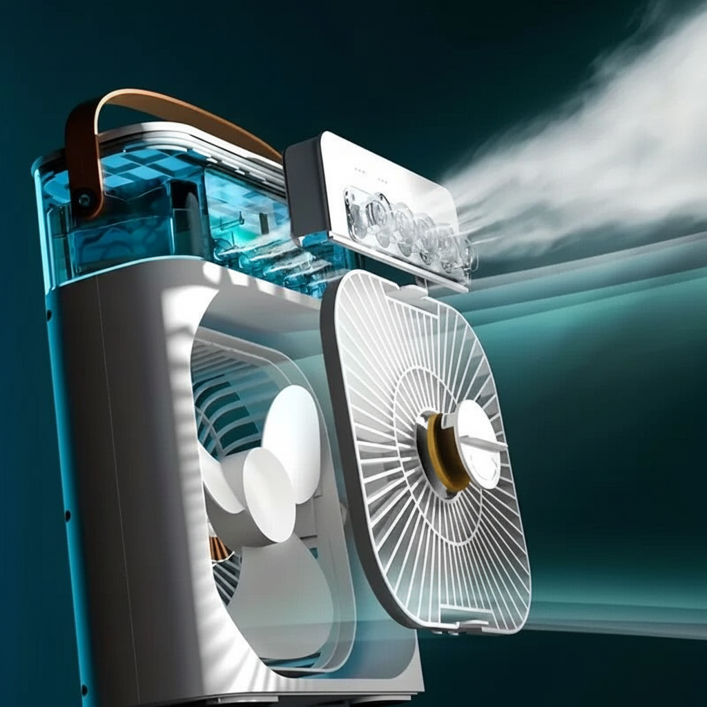 Portable USB mist fan with five spray nozzles cooling room during hot summer in Pakistan