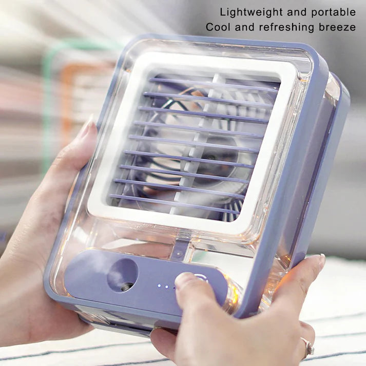 Rechargeable mist fan with LED light and water spray for cooling in Pakistan summer